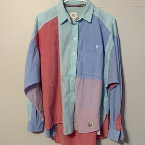 BDG Colorblock Casual Button-Down Shirt in Blue & Red & purple& blue mint. Small